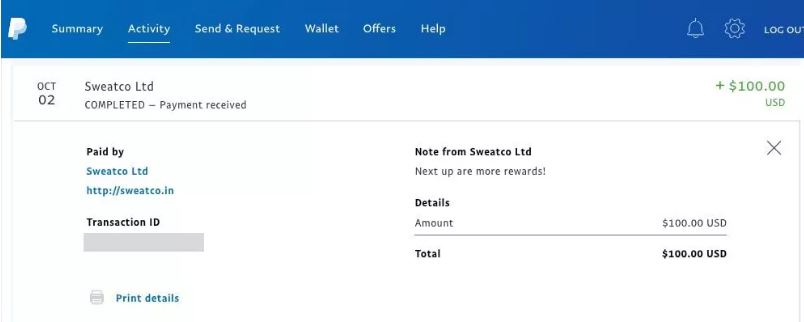 Sweatcoin payment proof